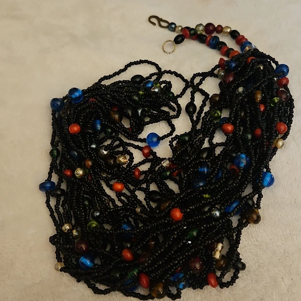 Vintage Indian Black and Multicolor Rainbow Glass Beaded Multi-strand Necklace